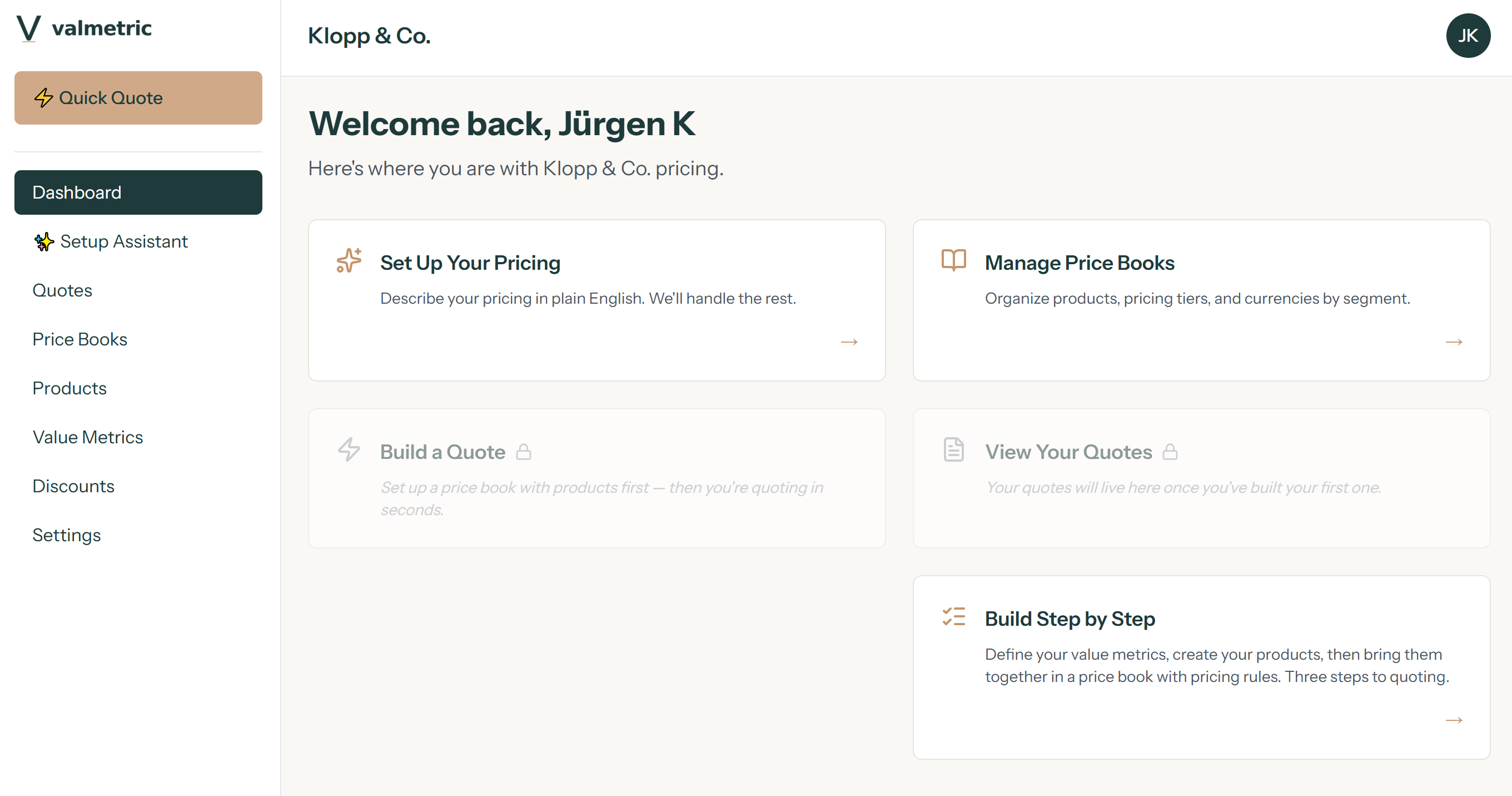 Valmetric price book management dashboard showing organized pricing structure